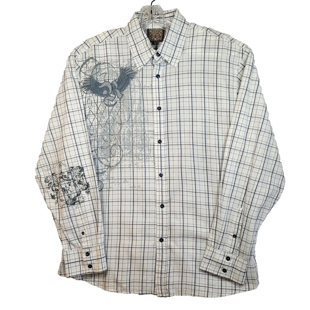 Vintage Roar Shirt Men's XXL Embroidered Y2K Gray White Plaid Button Up Casual